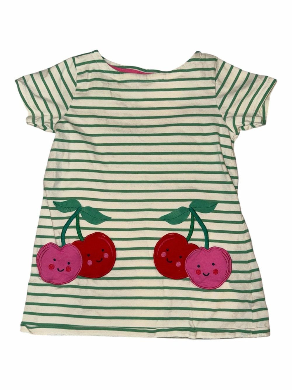 Mini Boden Green Striped T-Shirt Dress with Cherries